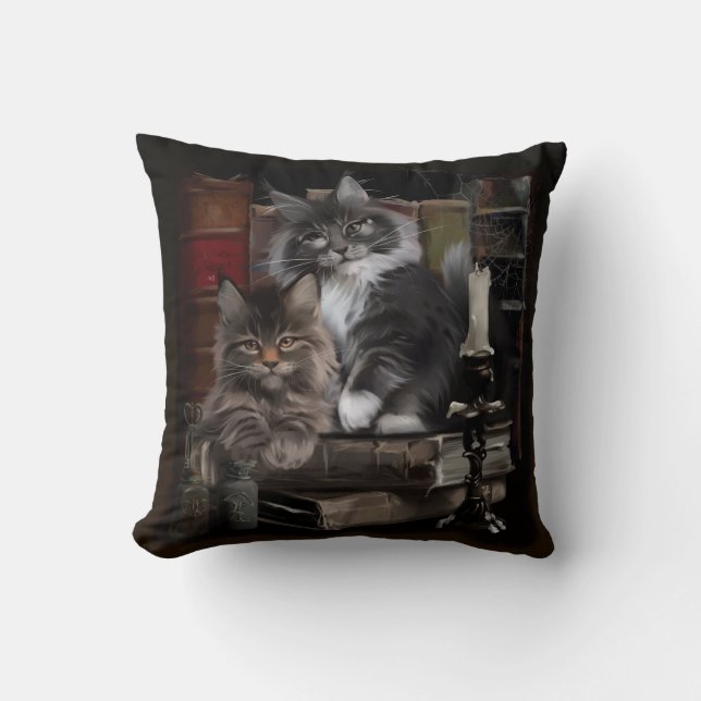 Two furry Maine Coon kittens Throw Pillow (Front)