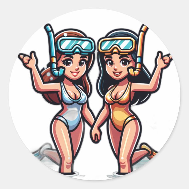 Two gals snorkeling classic round sticker (Front)