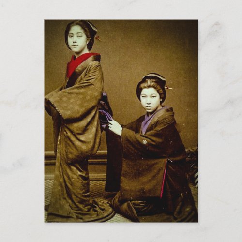 Two Geisha Adjusting a Kimono Vintage Japanese Postcard