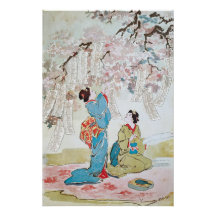 Two geisha under a blooming cherry tree