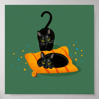 Two geometric black cats one sat on cushion poster