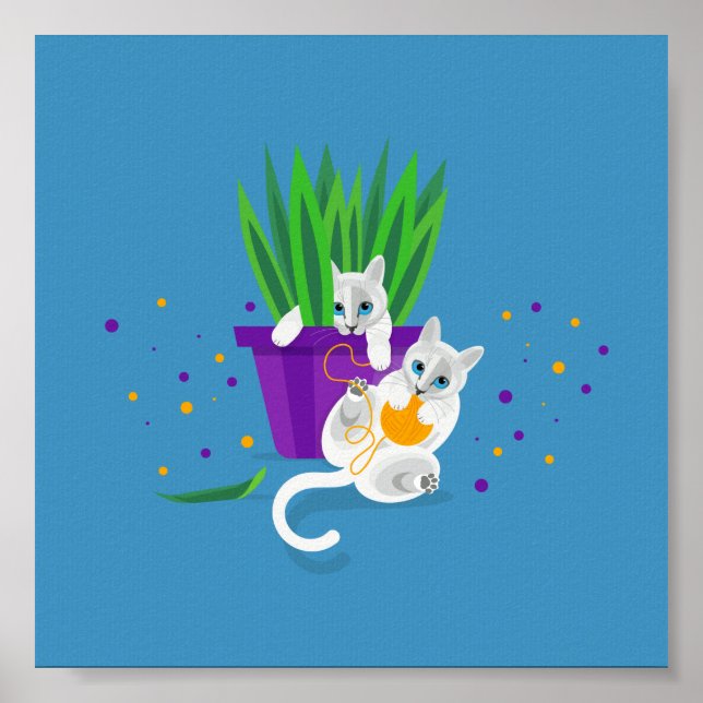 Two Geometric white cats playing around Poster (Front)