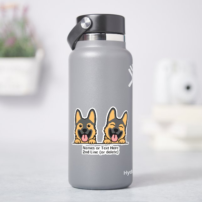 Two German Shepherd Dog Cartoon Add Name Text Sticker (HydroFlask)