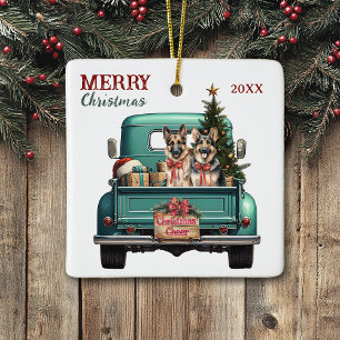 Two German Shepherd Dogs Retro Truck Christmas Ceramic Ornament