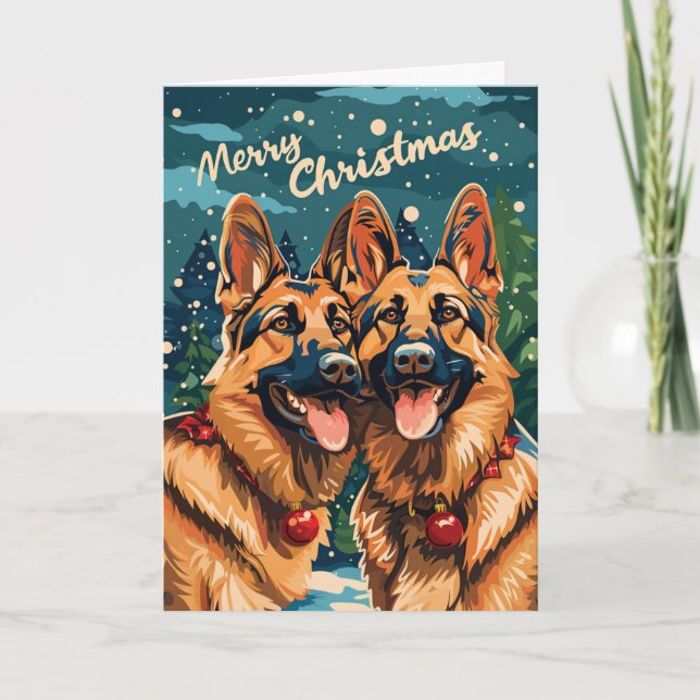 Two German Shepherd Merry Christmas Personalized Holiday Card (Front)