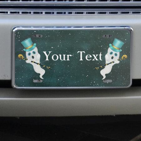 Two Ghost Floating In Night Sky Top Hats Skulls License Plate