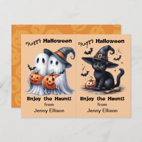 Two Ghosts and Black Cat Party Halloween Card