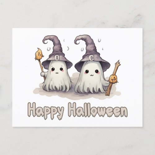 Two Ghosts Witches Hats Creepy Happy Halloween Holiday Postcard