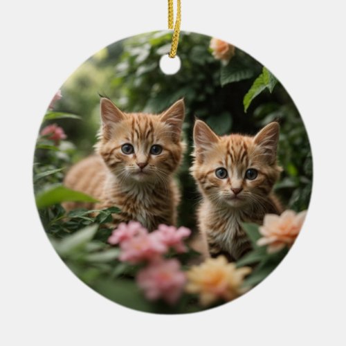Two Ginger Kittens Exploring A Lush Garden Ceramic Ornament