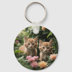 Two Ginger Kittens Exploring A Lush Garden Keychain