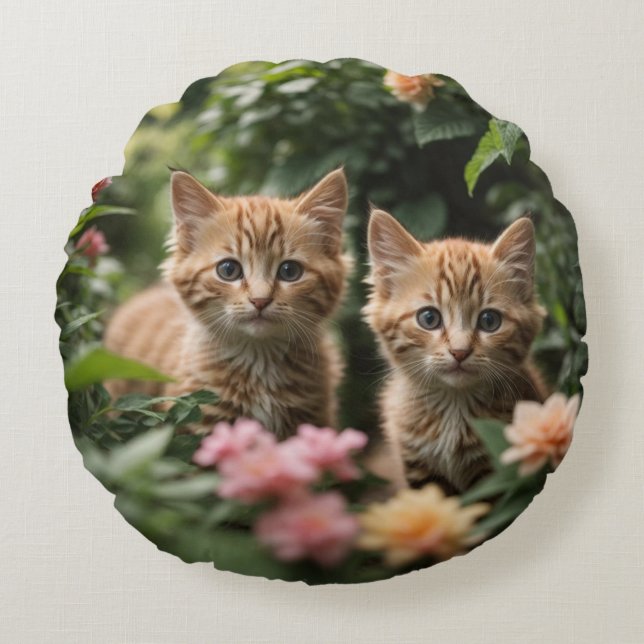 Two Ginger Kittens Exploring A Lush Garden Round Pillow (Front)