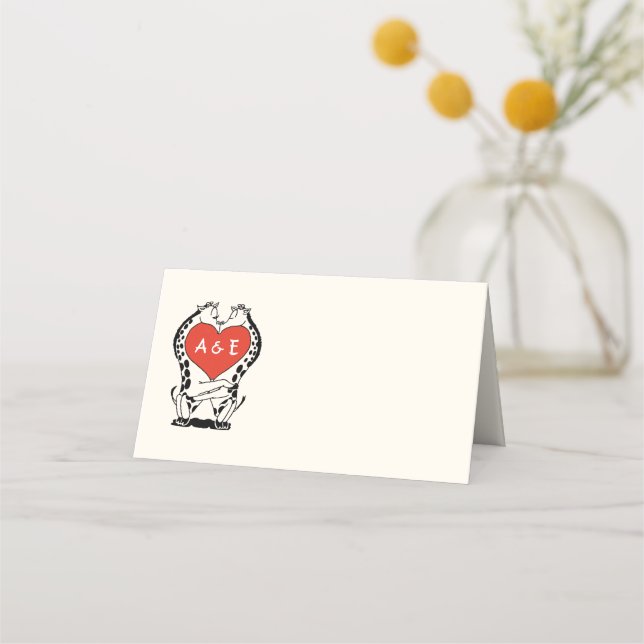 Two Giraffes Kissing Heart Place Card Escort Card (Front)