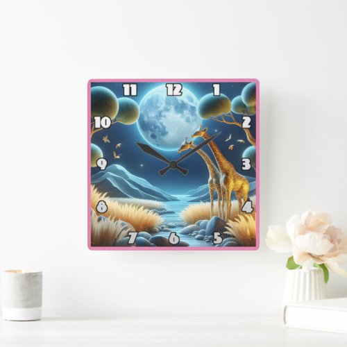 Two giraffes under the glowing moon in Africa Square Wall Clock