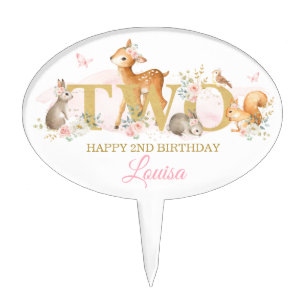 TWO   Girl Woodland 2nd Birthday Blush Flower Cake Topper