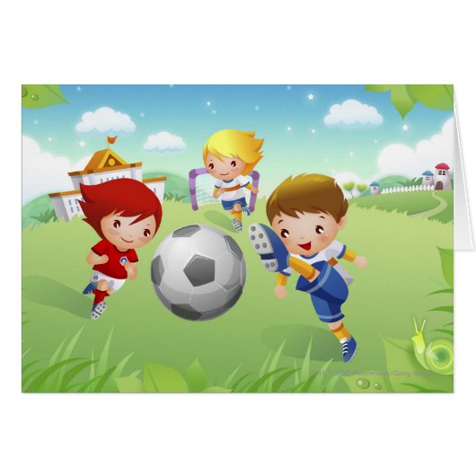 Two girls and a boy playing soccer cards (Front Horizontal)