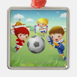 Two girls and a boy playing soccer metal ornament