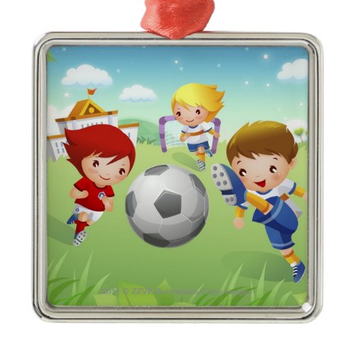 Two girls and a boy playing soccer metal ornament