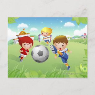 Two girls and a boy playing soccer postcard
