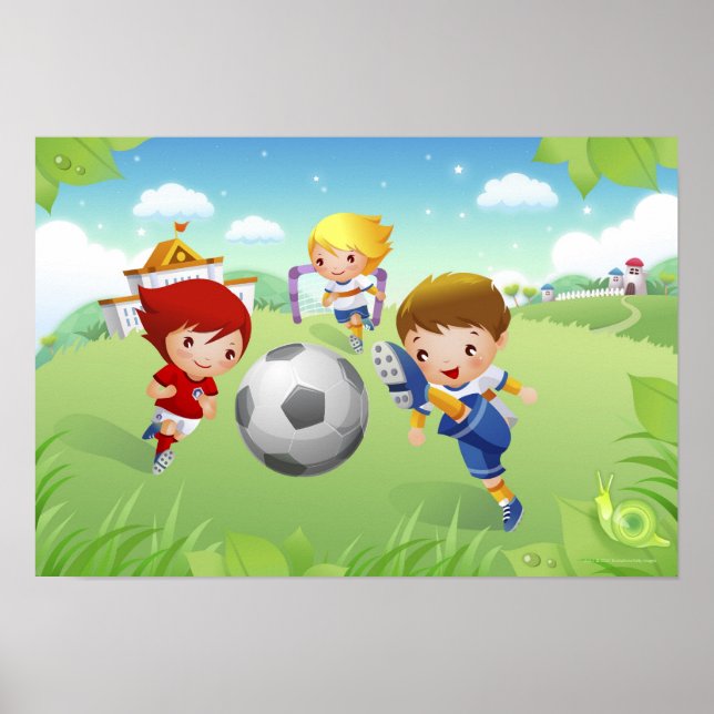 Two girls and a boy playing soccer poster (Front)