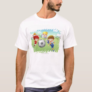 Two girls and a boy playing soccer T-Shirt