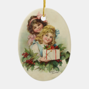 Two Girls Holly Gift - Francis Brundage Ceramic Ornament