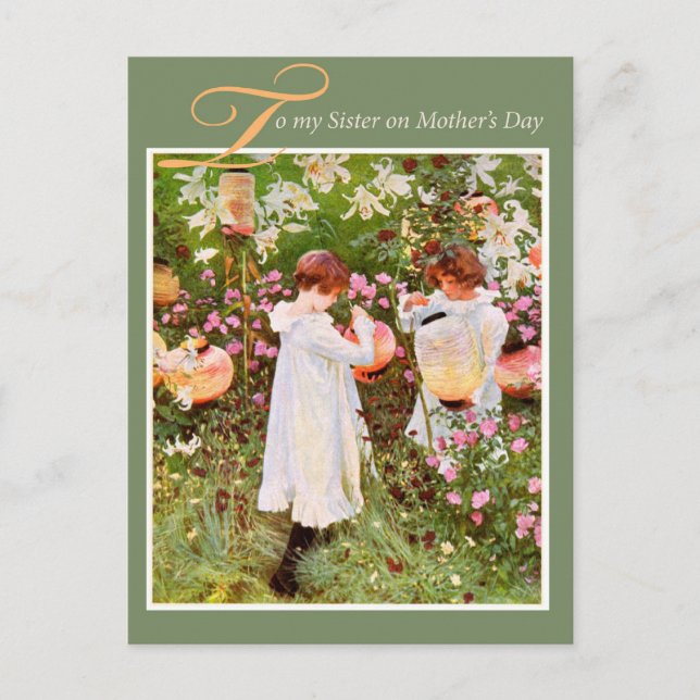 Two Girls in Garden Vintage Postcard (Front)