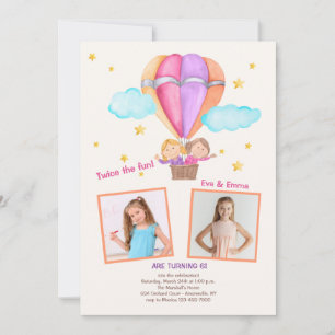 Two Girls In Hot Air Balloon Photo Birthday Invitation