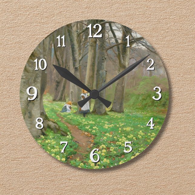 Two girls picking flowers in spring forest round clock (Creator Uploaded)
