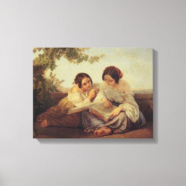 Two girls reading book painting canvas print (Front)