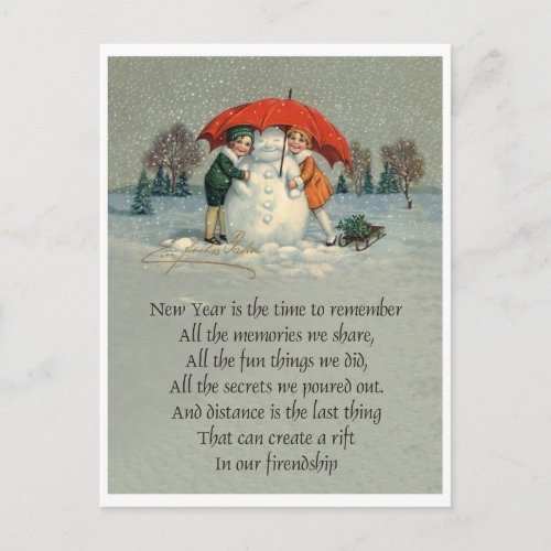 Two girls together with snowman under red umbrella postcard