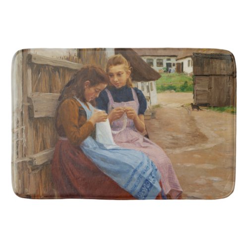 Two Girls With Needlework Sitting in a Farmyard Bath Mat