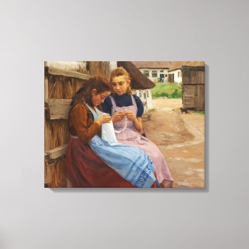 Two Girls With Needlework Sitting in a Farmyard Canvas Print