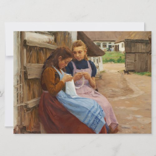 Two Girls With Needlework Sitting in a Farmyard Card