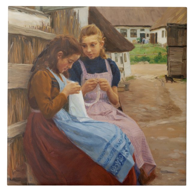 Two Girls With Needlework Sitting in a Farmyard Ceramic Tile (Front)