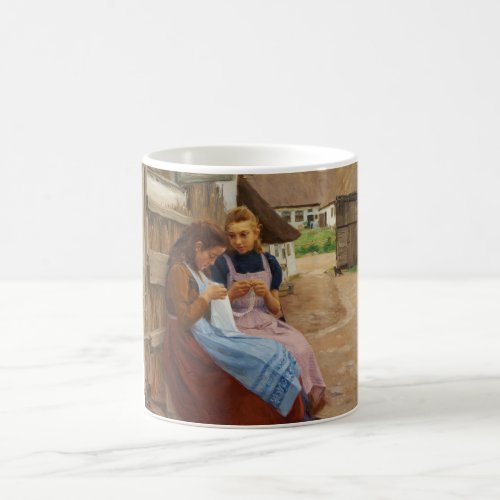 Two Girls With Needlework Sitting in a Farmyard Coffee Mug