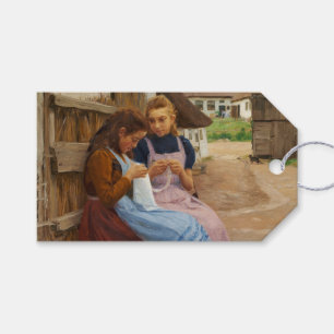 Two Girls With Needlework Sitting in a Farmyard Gift Tags
