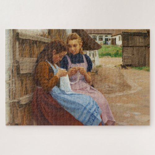 Two Girls With Needlework Sitting in a Farmyard Jigsaw Puzzle