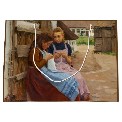 Two Girls With Needlework Sitting in a Farmyard Large Gift Bag