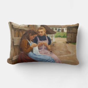 Two Girls With Needlework Sitting in a Farmyard Lumbar Pillow