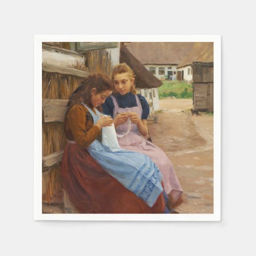 Two Girls With Needlework Sitting in a Farmyard Napkins