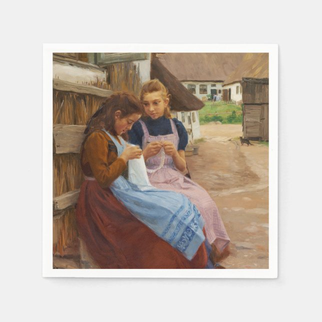 Two Girls With Needlework Sitting in a Farmyard Napkins (Front)