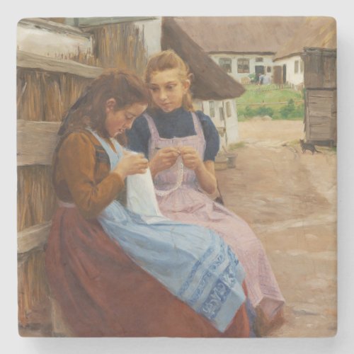 Two Girls With Needlework Sitting in a Farmyard Stone Coaster