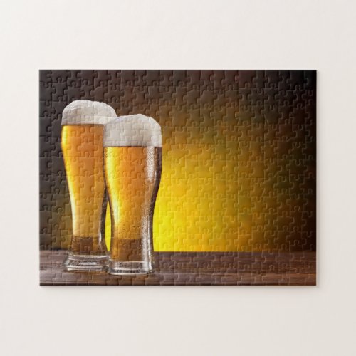 Two glasses of beers on a wooden table jigsaw puzzle