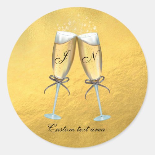 Two Glasses of Bubbly Faux Foil Gold Personalized Classic Round Sticker