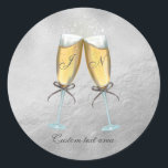 Two Glasses of Bubbly Faux Foil Silver Custom Classic Round Sticker<br><div class="desc">Two Glasses of Bubbly Faux Foil Silver Custom Stickers. Customize with any text. Matching items available.</div>