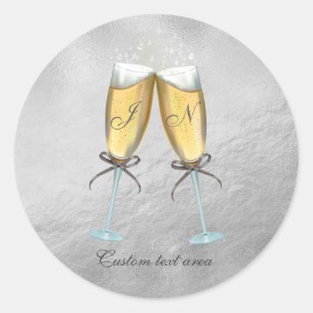 Two Glasses Of Bubbly Faux Foil Silver Custom Classic Round Sticker by printabledigidesigns at Zazzle
