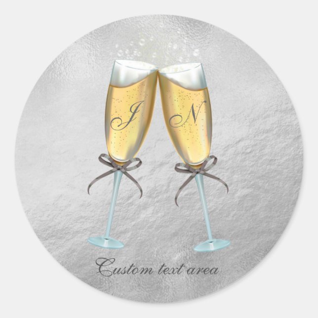 Two Glasses of Bubbly Faux Foil Silver Custom Classic Round Sticker (Front)