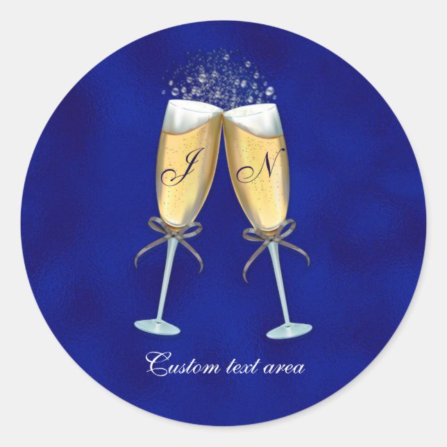 Two Glasses of Bubbly-Royal Blue Personalized Classic Round Sticker (Front)