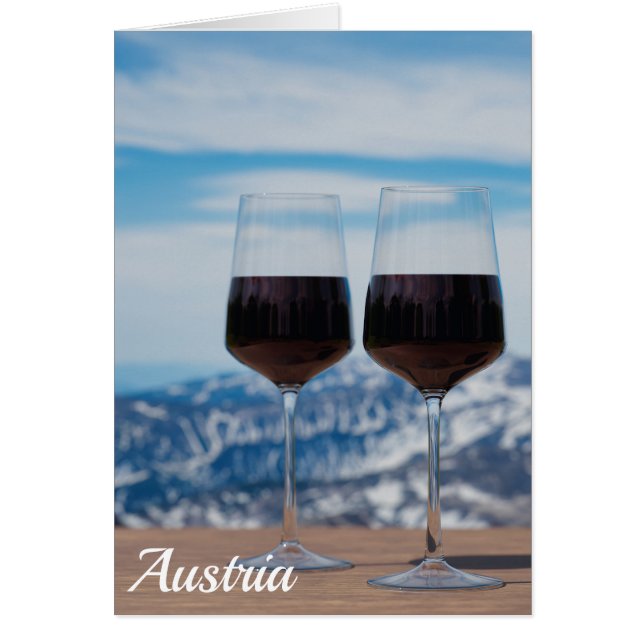 Two glasses of red wine against mountains cards (Front)