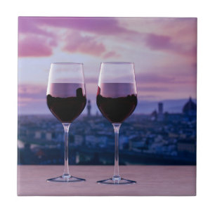 Two glasses of red wine on Florence skyline Ceramic Tile